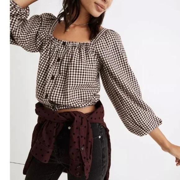 Madewell Puff Sleeve Button Front Crop Top in brown gingham - Picture 3 of 10